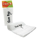 Towels With Attitude Cum Rag Microfiber Towel White displayed packaging and towel design with humorous text.