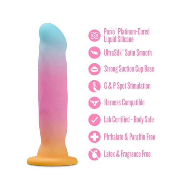Avant Golden Dawn Silicone Artisan Dildo 8 Inches features a colorful design with a suction cup base for G-spot and P-spot stimulation.