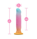 Avant Golden Dawn Silicone Artisan Dildo 8 Inches with colorful gradient design and measurements.