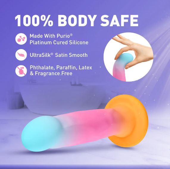 Avant Golden Dawn Silicone Artisan Dildo 8 Inches shown with body-safe features like Purio silicone and UltraSilk finish.