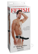 Fetish Fantasy Series 8 Inch Vibrating Hollow Strap-On Black packaging with model demonstration.