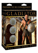 Gladiator Vibrating Inflatable Love Doll with Dildo Vanilla packaging featuring a muscular man in gladiator attire.