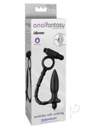 Anal Fantasy Collection Ass Kicker Plug with Cock Ring Black packaging showcasing its waterproof design and body-safe silicone material.