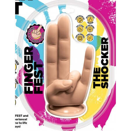 Finger Fest The Shocker Silicone Dildo Vanilla packaging showcasing its unique design for adventurous pleasure.