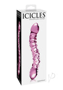 Icicles No 55 Double-Sided Textured Glass Dildo Pink in elegant packaging, featuring a hand-blown glass design.