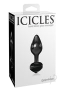 Icicles No 44 Glass Anal Plug Black packaging view with sleek design and elegant glass anal plug featured.