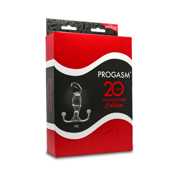 Aneros Progasm Ice Prostate Stimulator packaging, celebrating 20 years of pleasure and innovation.