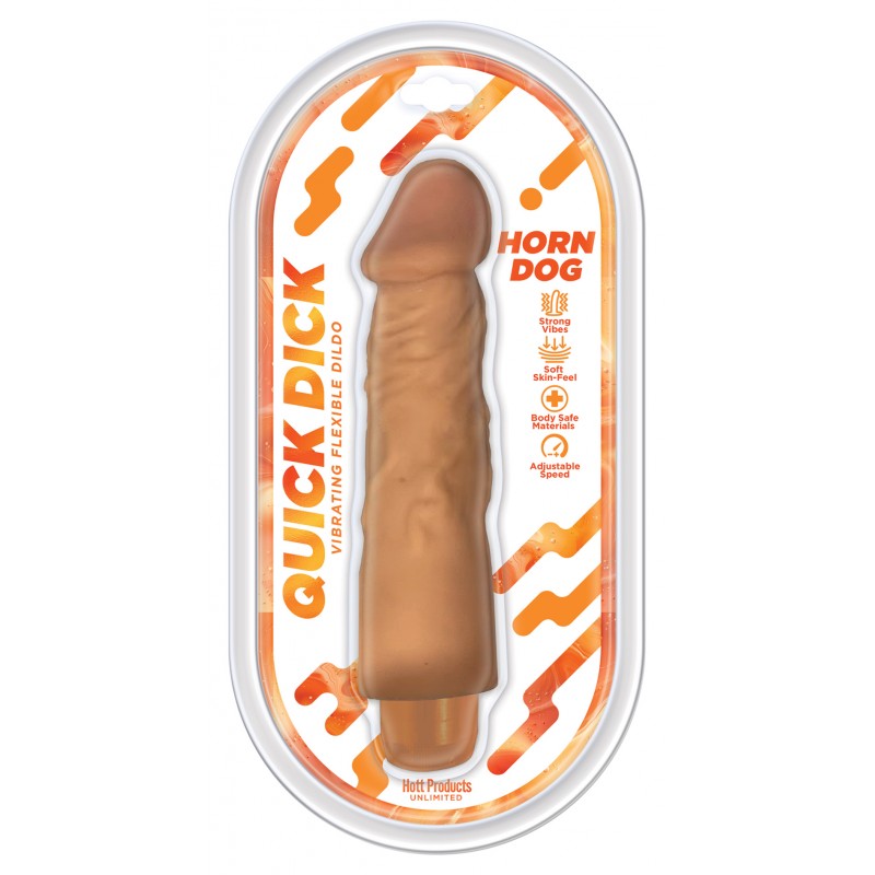 Quick Dick Horn Dog Vibrating Silicone Dildo Vanilla in packaging, showcasing its lifelike design and features.