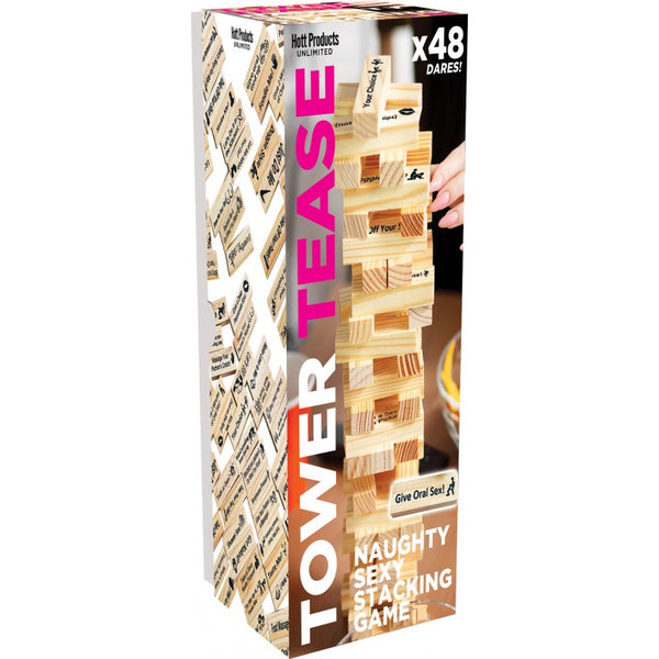 Tower Tease Table Adult Game packaging featuring 48 daring blocks for a fun adult party game.