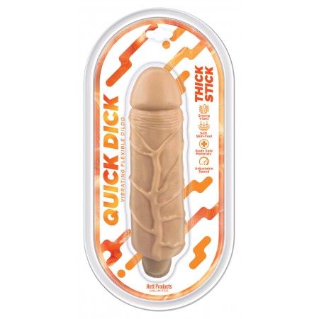 Thick Stick Quick Dick Vibrating Flex Dildo 5 inches Vanilla packaging with product design and details.