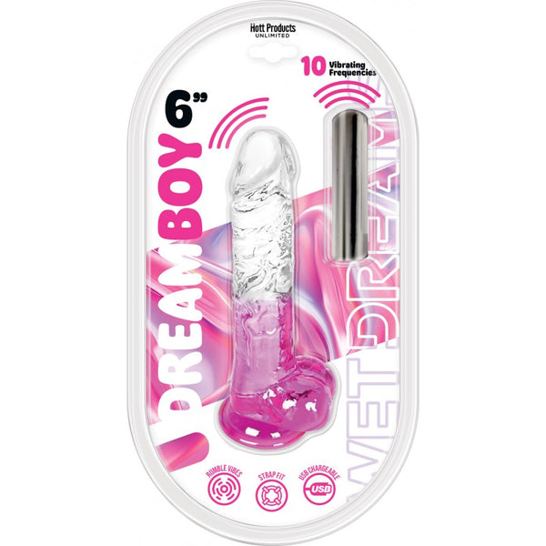 Wet Dreams Dream Boy Jelly Vibrating Dildo 6 inches Magenta packaging with 10 vibrating frequencies.
