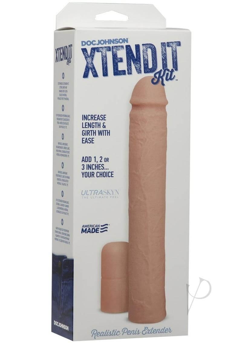 Xtend It Kit White packaging featuring realistic penis extender and customizable length and girth options.