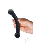 Hand holding the Glas Double Bull Double Ended Black Glass Dildo with bulbous ends for versatile pleasure.