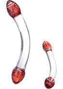 Glas Red Head Glass Double Dildo displaying vibrant spiraled red heads and clear glass body for couples and solo play.