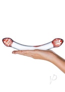 Glas Red Head Glass Double Dildo held in hand, showcasing its vibrant spiraled red bulbous heads and clear glass body.
