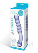 Glas Purple Rain Ribbed Glass Dildo packaging showing the 9" hand blown glass design with textured shaft for pleasure.