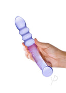 Glas Purple Rain Ribbed Glass Dildo held in hand, showcasing smooth glass and ribbed texture for pleasure.