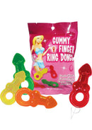 Gummy Finger Ring Dongs 12 Packs Per Display colorful gummy candy rings with playful designs in packaging.