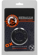 Oxballs Atomic Jock Sprocket 2.8 Inch Cock Ring Black in packaging with logo and product details.