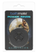 Bathmate Gladiator Power Ring Cock Ring Black packaging with a tough design, highlighting the product features and branding.