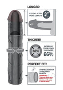 Fantasy X-Tensions Mega 3 Inch Penis Extension Sleeve Black length and thickness enhancement diagram.