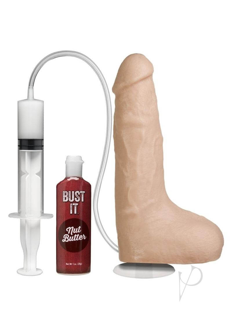 Doc Johnson Bust It 8.5" realistic ejaculating dildo with Nut Butter and syringe for an authentic experience.