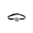 KinkLab Jawbreaker Edible Ball Gag Black with white jawbreaker and black strap design.