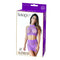 Model showcasing a Lace Halter 2pc Top & Skirt Set in purple packaging, highlighting its stylish design and allure.