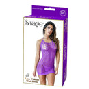 Lace fishnet mini dress lingerie in purple packaging, showcasing sexy and elegant design for adult wear.