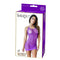 Lace fishnet mini dress lingerie in purple packaging, showcasing sexy and elegant design for adult wear.