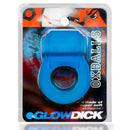 Oxballs GlowDick LED Cockring Blue Ice packaging featuring a bright blue silicone cockring with LED light.