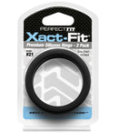Perfect Fit Xact-Fit Cock Ring 2-Pack Size 21 Black packaging with a premium silicone ring displayed.