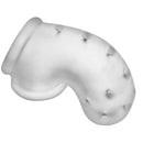 Oxballs Airlock Air-Lite Vented Chastity Cage Clear Ice displayed at an angle, showcasing its lightweight and breathable design.