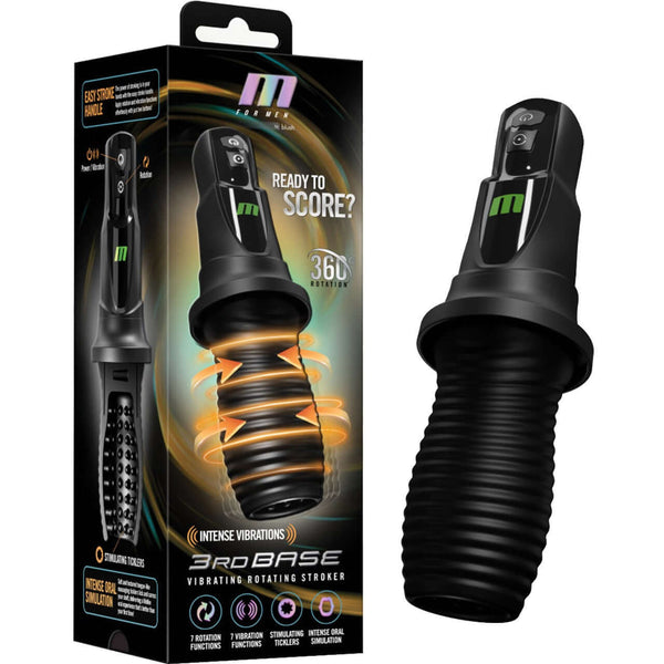 M For Men 3rd Base Black rotating and vibrating masturbator with ergonomic handle and packaging