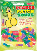 Hott Products Pecker Patch Sour Gummies packaging featuring colorful chewy pecker-shaped candy.