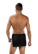 Back view of a man wearing the Bulging Blossom Lace Skirt One Size Black, showcasing its sleek and provocative design.