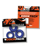 Oxballs Cockpack Multi Design Cockrings 3 Pack Blue, featuring three blue cock rings for customizable fit and support.