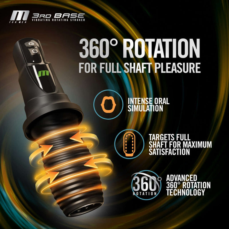 M For Men 3rd Base Black Vibrating Rotating Masturbator with Ergonomic Handle and 360° Rotation for Full Shaft Pleasure