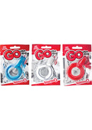 Screaming O Go Vibe Ring Disposable Cock Rings in blue, white, and red packaging for enhanced pleasure anywhere.