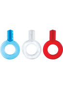 Screaming O Go Vibe Ring Disposable Cock Rings in blue, clear, and red colors designed for enhanced pleasure.