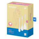 Satisfyer Yoni Power 1 Kegel Ball Training Set White packaging featuring three graduated sizes for pelvic floor training.