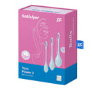 Satisfyer Yoni Power 2 Kegel Ball Set Light Blue package showcasing three graduated Ben Wa balls for pelvic floor training.