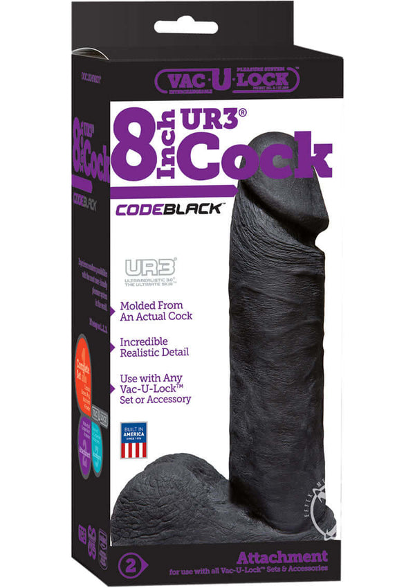 Vac U Lock Codeblack 8 inch UR3 realistic cock attachment packaging, showcasing lifelike design and compatibility with Vac-U-Lock sets.