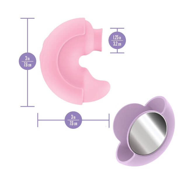 Play With Me Pout and Play Dual End Vibrator Pink dimensions and design details showing two ends.