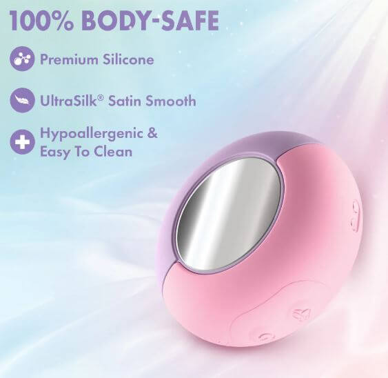 Play With Me Pout and Play Dual End Vibrator Pink showcasing 100% body-safe premium silicone and UltraSilk satin smooth texture.