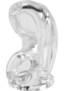 Oxballs Atomic Jock Cock-Lock Chastity Cage Clear displayed from a side angle, showcasing its flexible design.