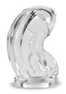 Oxballs Atomic Jock Cock-Lock Chastity Cage Clear showing its flexible design for male chastity.