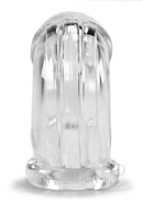Oxballs Atomic Jock Cock-Lock Chastity Cage Clear displayed from the front view on a white background.