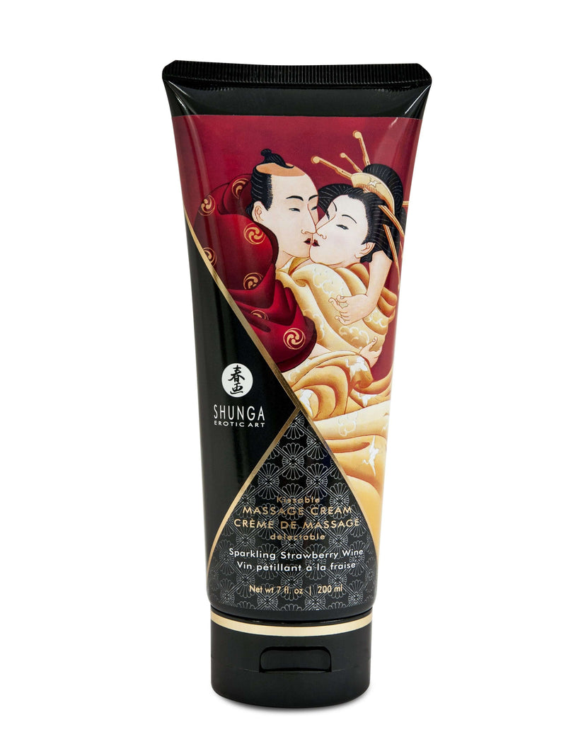 Shunga Massage Cream, Sparkling Strawberry Wine flavor, 7 oz tube with artistic label, silky smooth and edible for sensual experiences.
