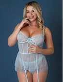 Magic Silk Blue Sky Flirty Slip Baby Doll with Garters & Thong Queen model wearing blue lingerie set.